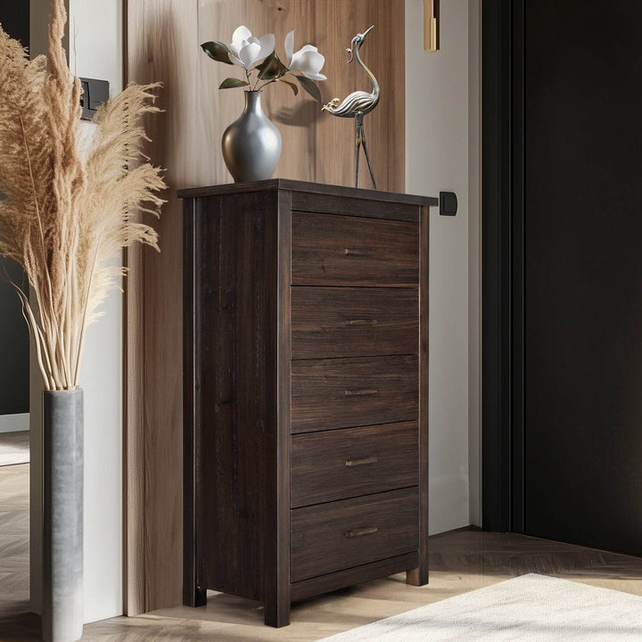 Brown Density Board With Solid Wood Veneer, Five Drawers In Vertical Arrangement, Drawer Cabinet - ZEYTONCART