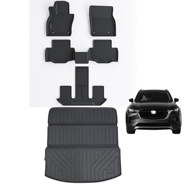 Floor Mats & Large Cargo Liners Compatible For 2024 Mazda Cx-90 TPE All Weather 3 Row Floor Liners And Trunk Mat Mats Accessories-Black.-Only Fit 6 & 7 & 8 Seats - ZEYTONCART