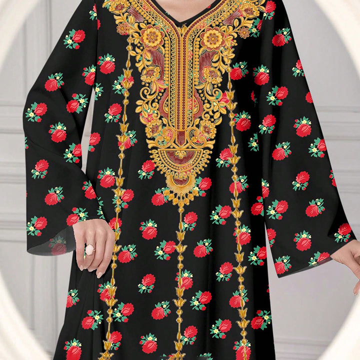 Women's Plus Size Ethnic Maxi Dress - Bohemian Embroidered Floral Print V-Neck Retro Long Dress - ZEYTONCART