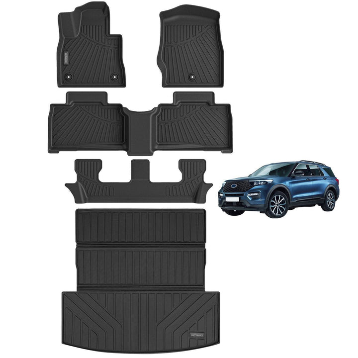 Floor Mats & Big Cargo Liners Compatible For Ford Explorer 2020-2024 Version. All Weather 3 Rows Anti-Slip TPE Mat-Black. 6-Seats-7-Seats - ZEYTONCART