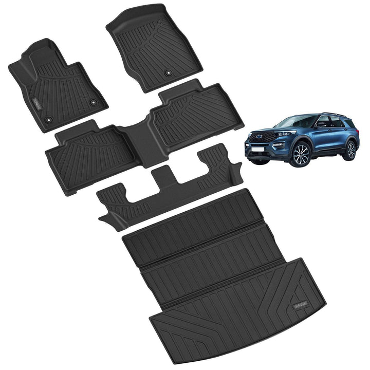 Floor Mats & Big Cargo Liners Compatible For Ford Explorer 2020-2024 Version. All Weather 3 Rows Anti-Slip TPE Mat-Black. 6-Seats-7-Seats - ZEYTONCART