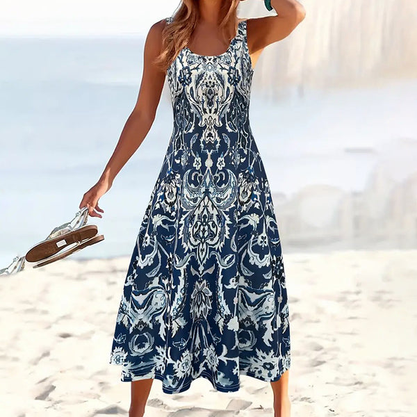 Women Floral Summer Maxi Dress Casual Beach Printed Sleeveless Boho Flowy Tank Sundress - ZEYTONCART