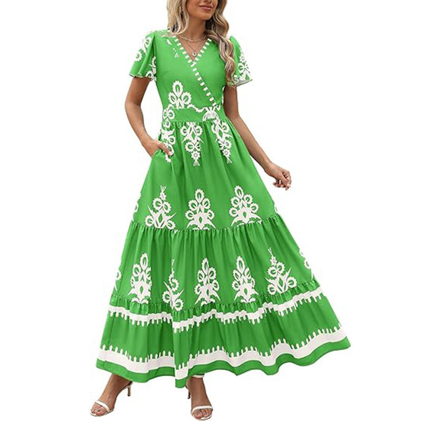 Womens Summer Casual V Neck Boho Maxi Dress Flowy Aline Bell Sleeve Tiered Floral Dresses With Pocket - ZEYTONCART