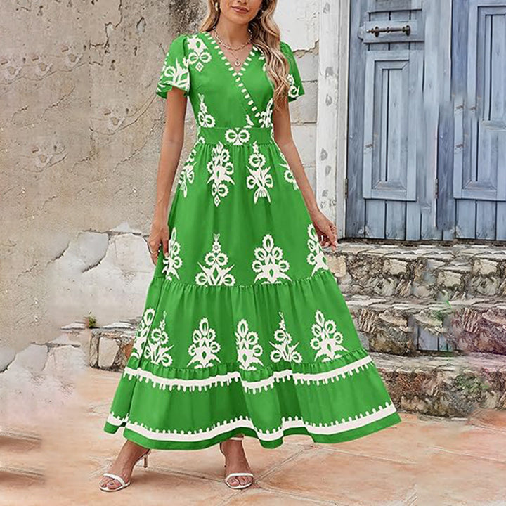 Womens Summer Casual V Neck Boho Maxi Dress Flowy Aline Bell Sleeve Tiered Floral Dresses With Pocket - ZEYTONCART