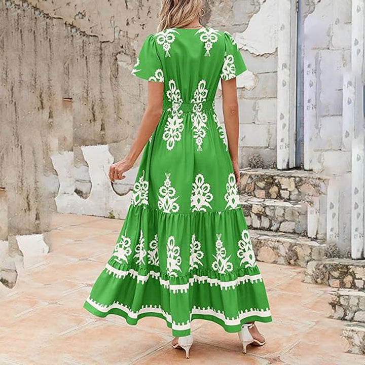 Womens Summer Casual V Neck Boho Maxi Dress Flowy Aline Bell Sleeve Tiered Floral Dresses With Pocket - ZEYTONCART