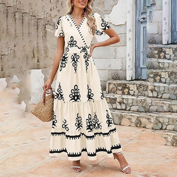 Womens Summer Casual V Neck Boho Maxi Dress Flowy Aline Bell Sleeve Tiered Floral Dresses With Pocket - ZEYTONCART