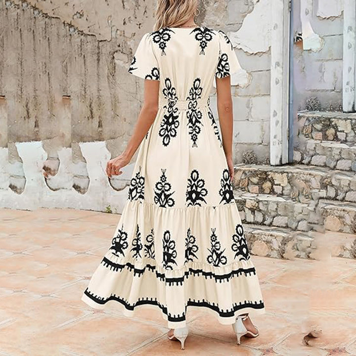 Womens Summer Casual V Neck Boho Maxi Dress Flowy Aline Bell Sleeve Tiered Floral Dresses With Pocket - ZEYTONCART