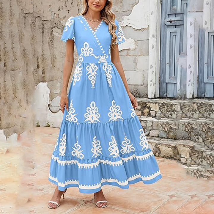 Womens Summer Casual V Neck Boho Maxi Dress Flowy Aline Bell Sleeve Tiered Floral Dresses With Pocket - ZEYTONCART