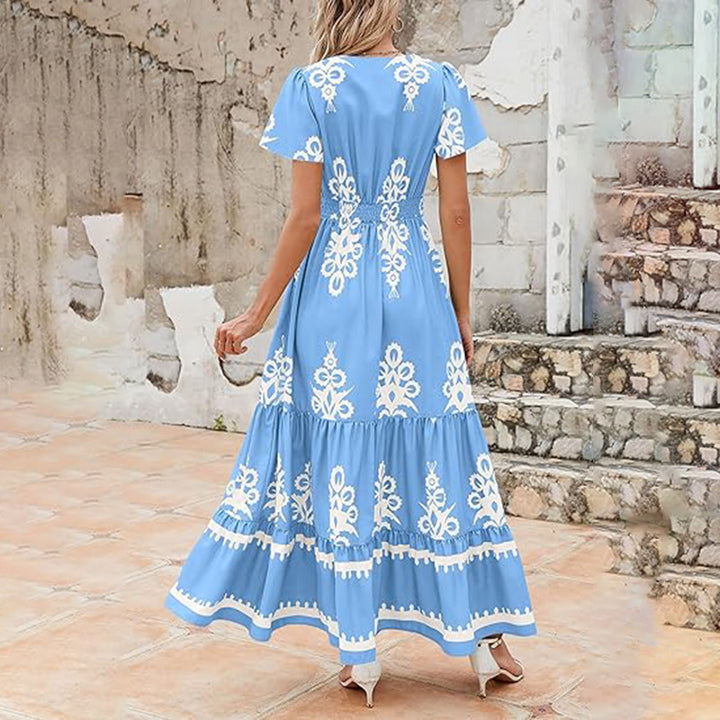 Womens Summer Casual V Neck Boho Maxi Dress Flowy Aline Bell Sleeve Tiered Floral Dresses With Pocket - ZEYTONCART