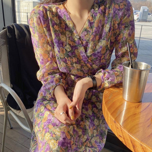 Purple floral chiffon dress - ZEYTONCART