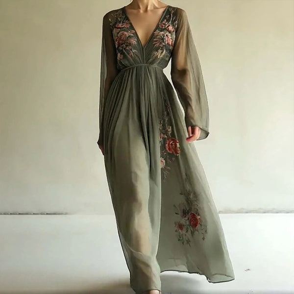 Women's Elegant V-Neck Green Floral Print A-Line Maxi Semi-Sheer Long Sleeve Spring&Summer Dress - ZEYTONCART