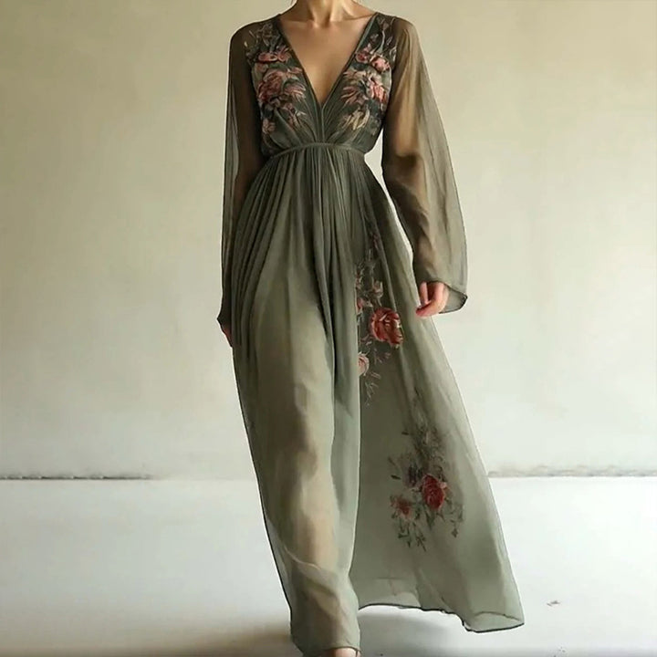 Women's Elegant V-Neck Green Floral Print A-Line Maxi Semi-Sheer Long Sleeve Spring&Summer Dress - ZEYTONCART