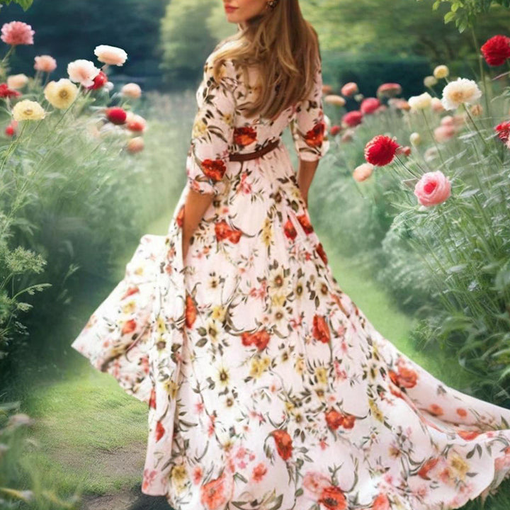 Women's Elegant Floral Print Boho Dress - Round Neck Half Sleeves Flowy Maxi Dress - ZEYTONCART