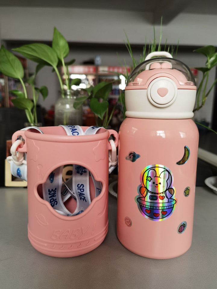 Double-layer Stainless Steel Vacuum Mug Bottle With Leather Case Bouncing Cup - ZEYTONCART