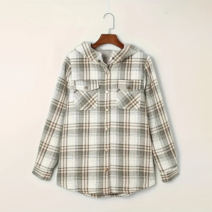 Women's Plaid Button-Up Long Sleeve Jacket Fall Winter  Flap Button Pocket Design Casual Hooded Fleece-Lined Warm Coat - ZEYTONCART