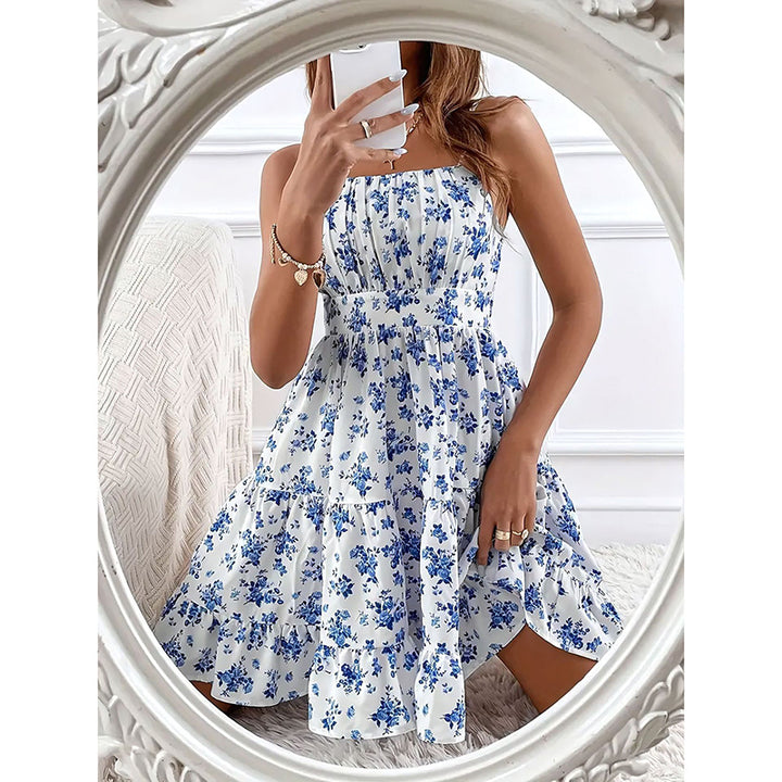 Womens Summer Floral Print Smocked Mini Dress Sleeveless Spaghetti Strap Slim Fit Flowy Dresses - ZEYTONCART