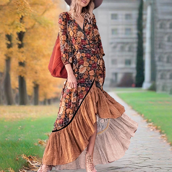 Women's Elegant V-Neck Floral Dress - Cross Front Detail & Tiered Ruffle Hem Flowing Bohemian-style Dress - ZEYTONCART