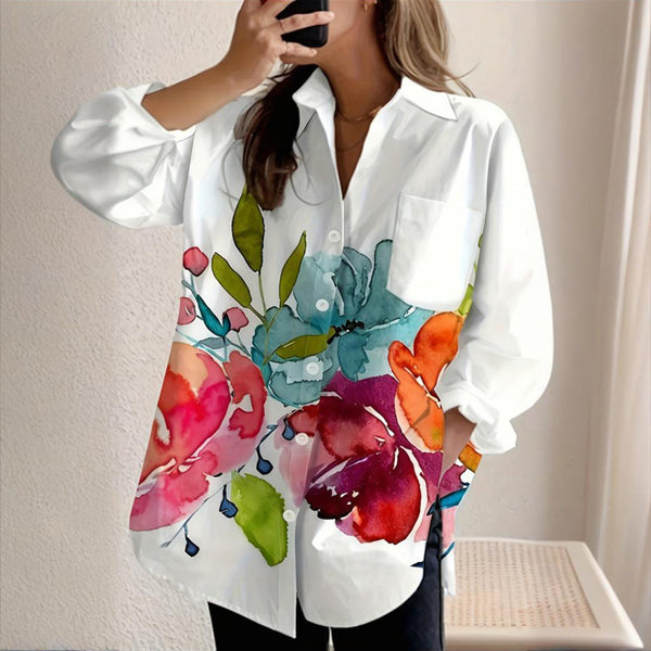 Women's Notch Lapel Long Sleeve Blouse With Colorful Floral Print - Chest Pocket Button-Up Shirt For Spring&Fall - ZEYTONCART