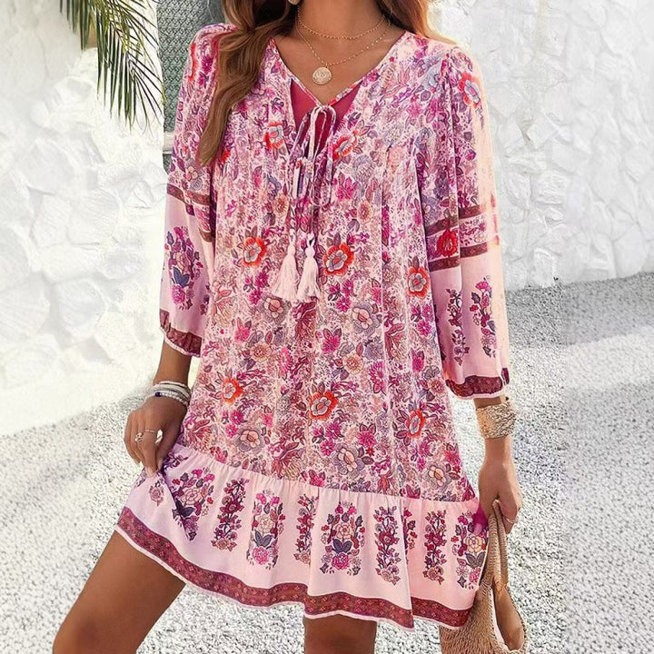 Women's Elegant V-Neck Fringe Bow Floral Print Dress Long Sleeve Comfortable Spring&Summer Dress - ZEYTONCART