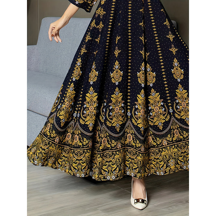 Women's Boho V Neck Maxi Dress Elegant 3 4 Sleeve Ethnic Floral Print Swing Dress - ZEYTONCART