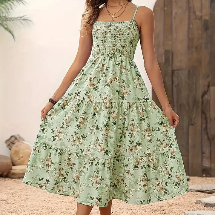 Womens Summer Floral Midi Dress Smocked Spaghetti Strap Sleeveless Tiered Casual Flowy Dresses - ZEYTONCART