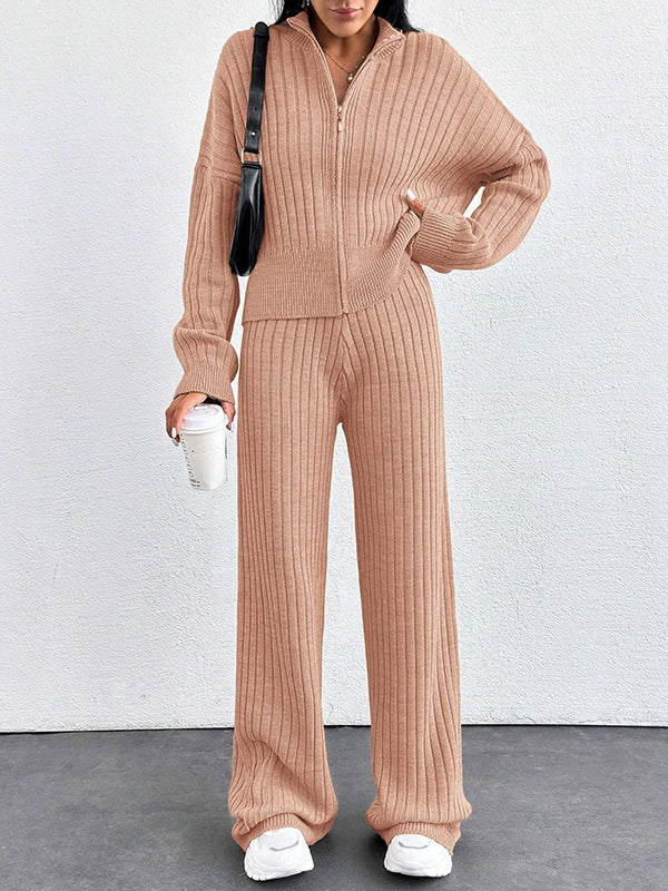 Autumn And Winter New European And American Women's Casual Loose Zip Top And Trousers Two-piece Set - ZEYTONCART
