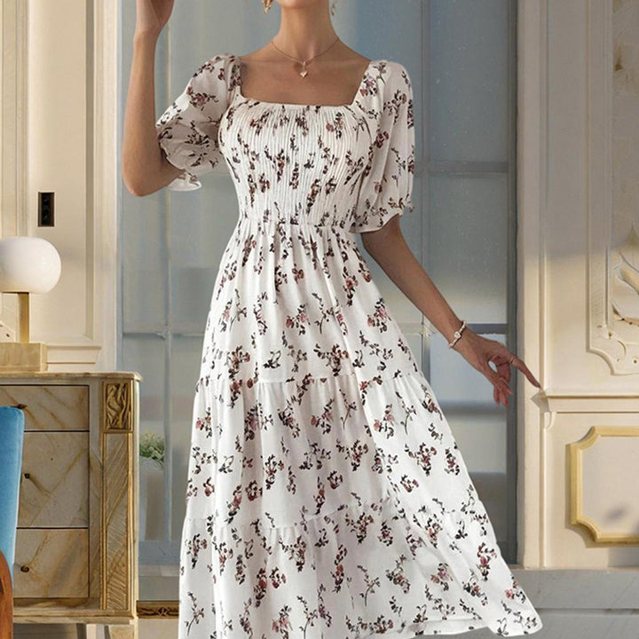 Women's Square Neck Short Sleeve A-Line Floral Print Dress Ruffled Sleeves Bust Smocked Elastic Boho Summer Vacation Dress - ZEYTONCART