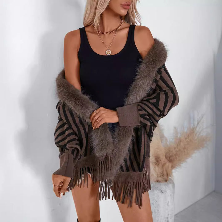 European And American Fall Winter Fashion Striped Tassel Knitted Shawl Cape - ZEYTONCART