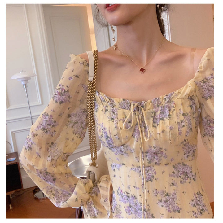 Vintage floral square collar long floral dress - ZEYTONCART