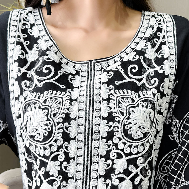 Women's Ethnic Style Floral Embroidered Dress, Elegant 3 4 Sleeve Swing Dress - ZEYTONCART