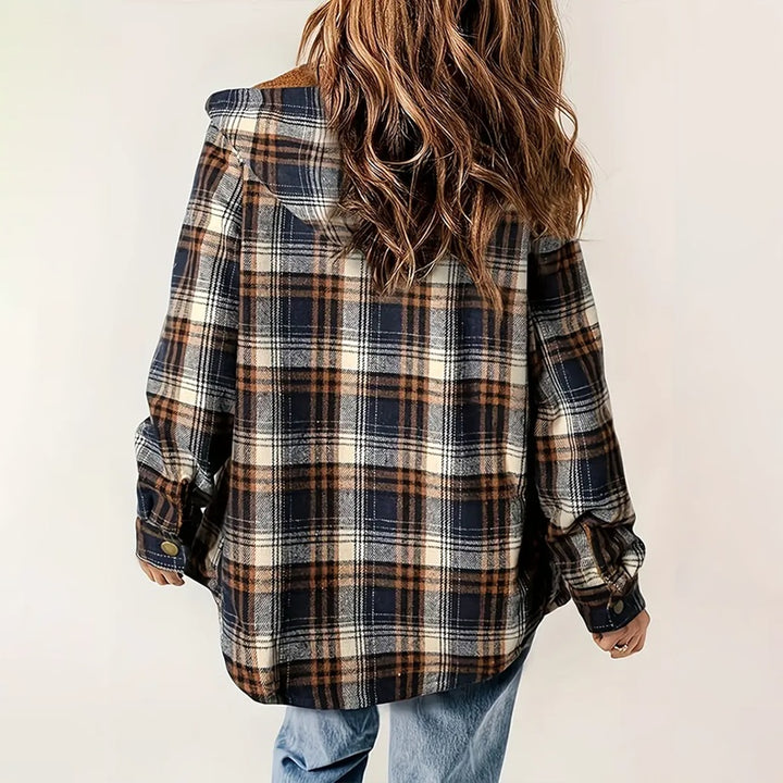 Women's Plaid Button-Up Long Sleeve Jacket Fall Winter  Flap Button Pocket Design Casual Hooded Fleece-Lined Warm Coat - ZEYTONCART