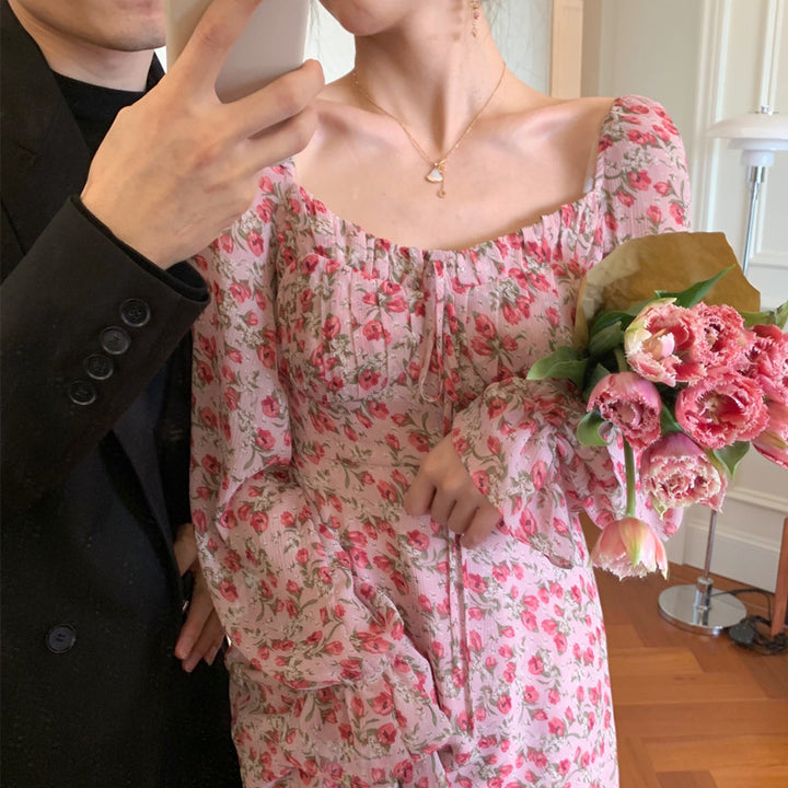 Vintage floral square collar long floral dress - ZEYTONCART