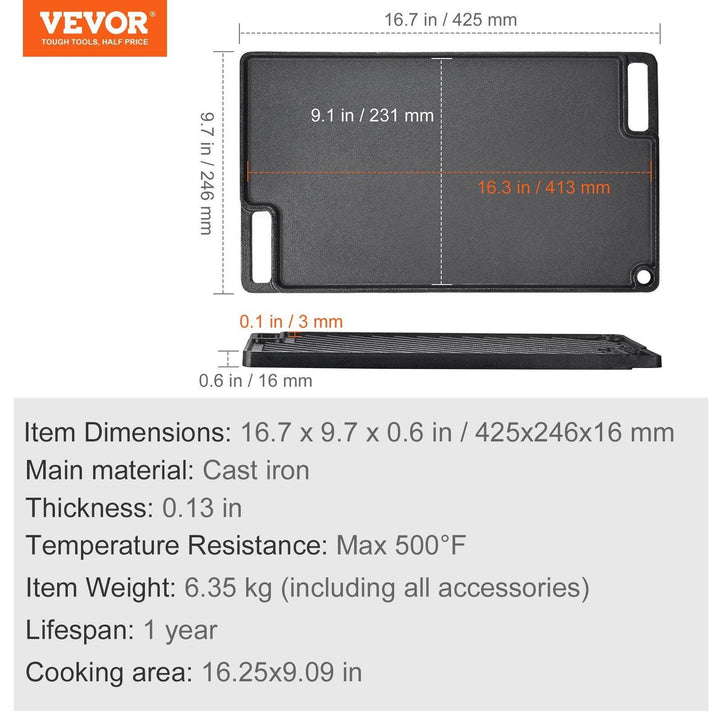 VEVOR Reversible Grill Griddle, Pre-Seasoned Cast Iron Griddle, Rectangular Double Burner Griddle Pan, Non-Stick Family Pan Cookware With Handles, Flat Top Plate For BBQ, Gas Grill, Black - ZEYTONCART