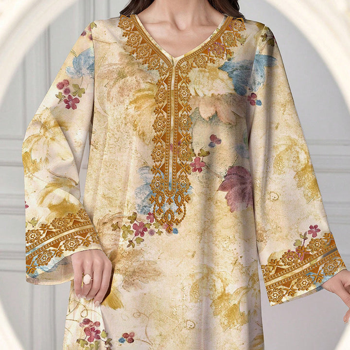 Women's Chic Bohemian Floral V-Neck Maxi Dress, Elegant Golden Long Sleeve Loose Fit Casual Dress - ZEYTONCART