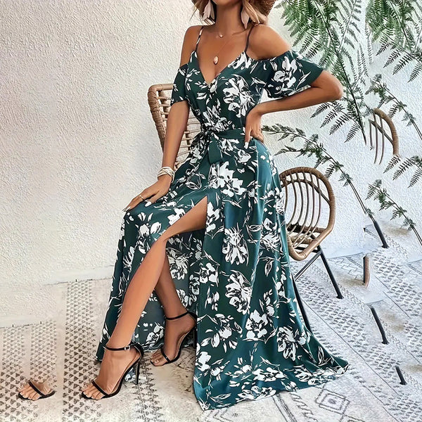 Women's Floral Maxi Dress Cold Shoulder Split Belted A Line Long Summer Dress - ZEYTONCART
