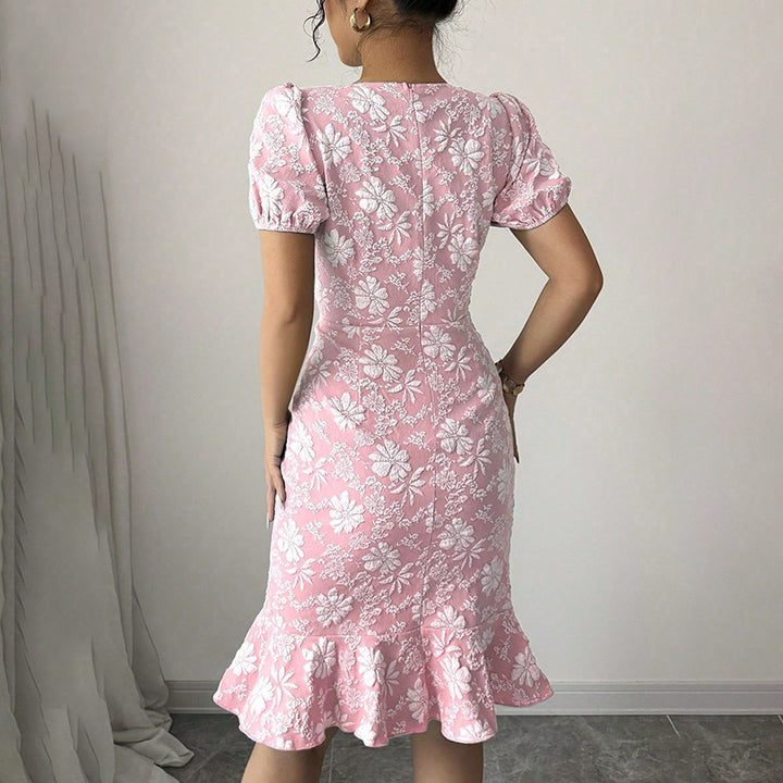 Women's Floral Jacquard Dress Women's Short Puff Sleeve Crew Neck Ruffle Hem Bodycon Dresses - ZEYTONCART