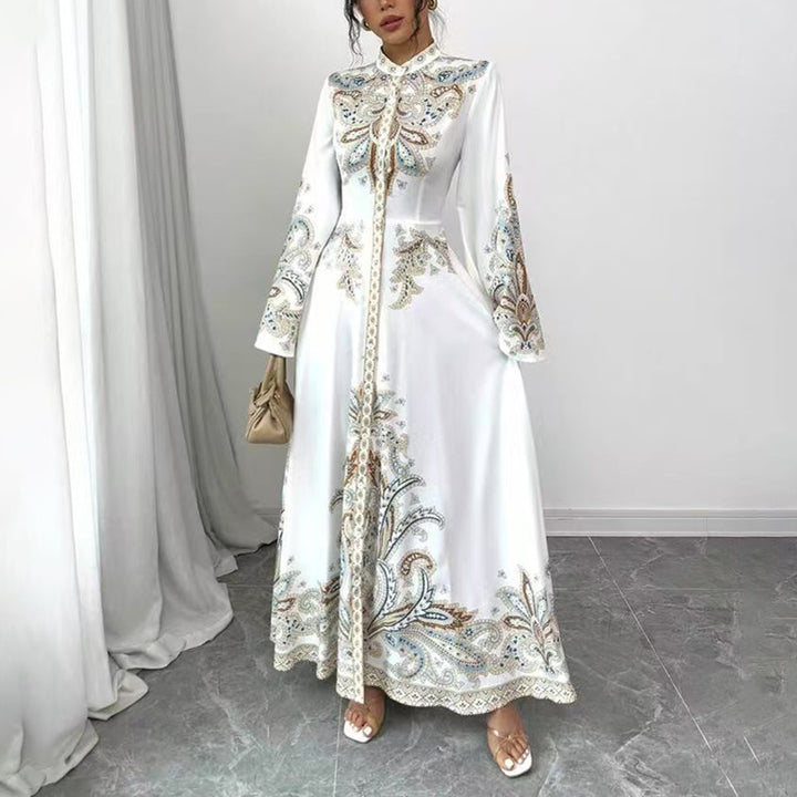 Elegant High-Neck Floral Maxi Dress - Long Flowy Sleeves, Modest A-Line Middle Eastern Style Gown Vacation & Party Dress For Women - ZEYTONCART