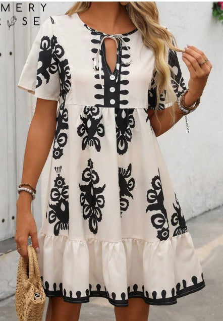 Unity Tied Leisure Vacation Dress With Doll Floral Pattern - ZEYTONCART