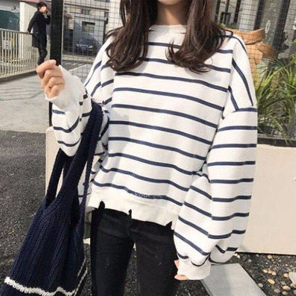 Women's Loose Autumn And Winter Thermal Bottoming Shirt Striped T-shirt - ZEYTONCART