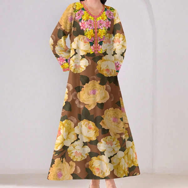 Women's Vibrant Floral Print V-Neck Long Sleeve Maxi Dress Elegant Bohemian A-Line Long Dress - ZEYTONCART