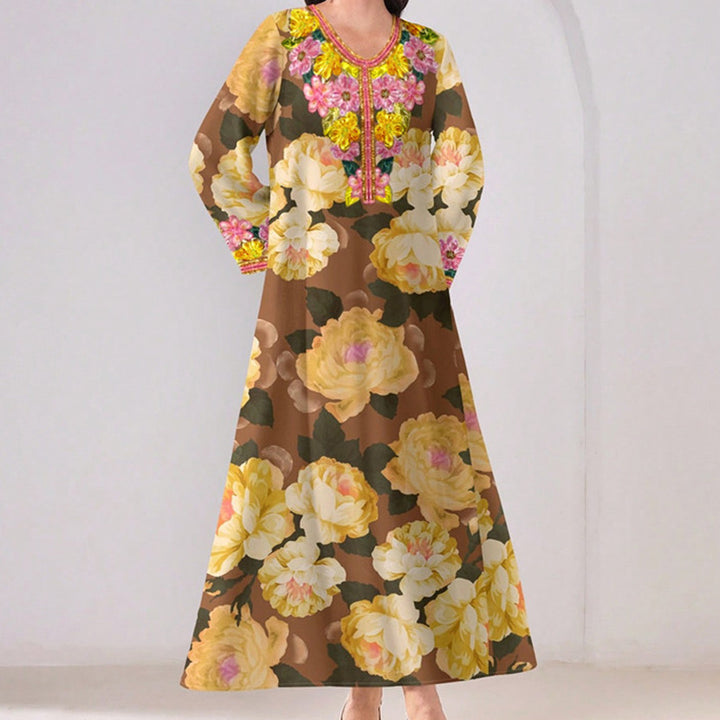 Women's Vibrant Floral Print V-Neck Long Sleeve Maxi Dress Elegant Bohemian A-Line Long Dress - ZEYTONCART