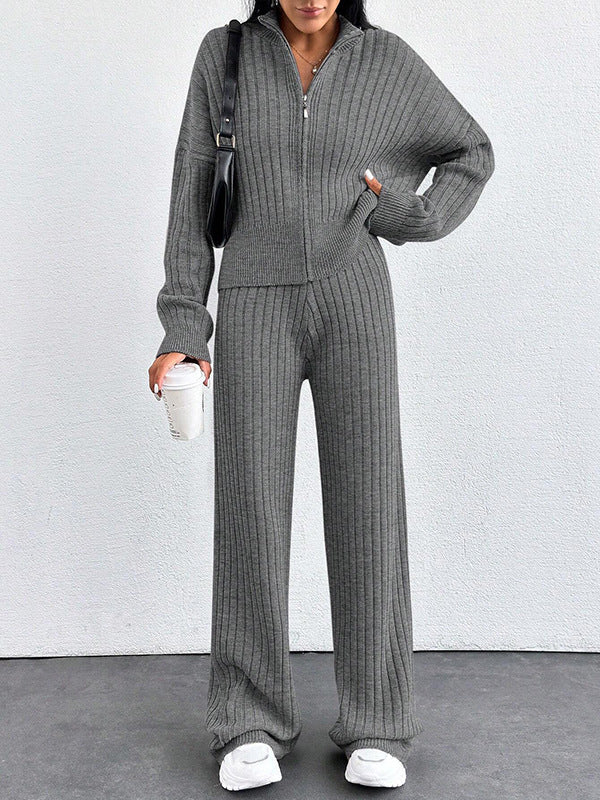 Autumn And Winter New European And American Women's Casual Loose Zip Top And Trousers Two-piece Set - ZEYTONCART