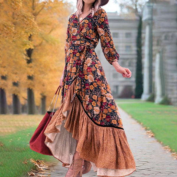 Women's Elegant V-Neck Floral Dress - Cross Front Detail & Tiered Ruffle Hem Flowing Bohemian-style Dress - ZEYTONCART