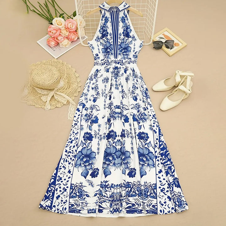 Women's Floral Print Halter Neck Maxi Dress - Tie-Waist A-Line Summer Dress - ZEYTONCART