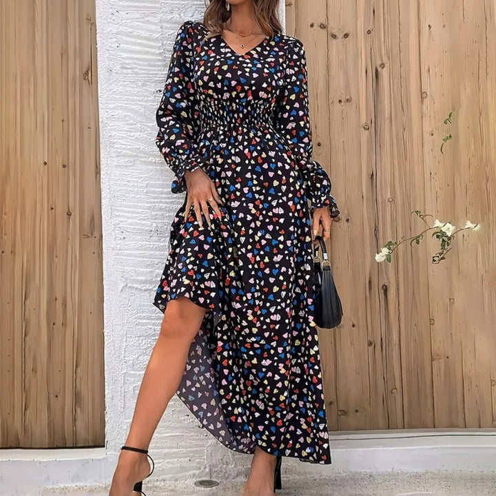 Women's V-Neck Floral Print Long Sleeve Maxi Dress - A-Line Hem With Lace Cuff Details, Elegant Bodycon Dress For Spring&Summer - ZEYTONCART