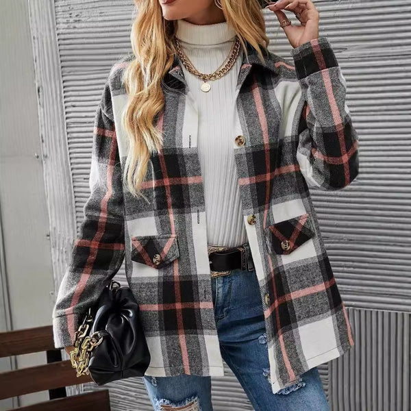 Autumn Winter Women's Wear Drop-shoulder Long-sleeve Lapel Loose Plaid Casual Shirt Coat - ZEYTONCART