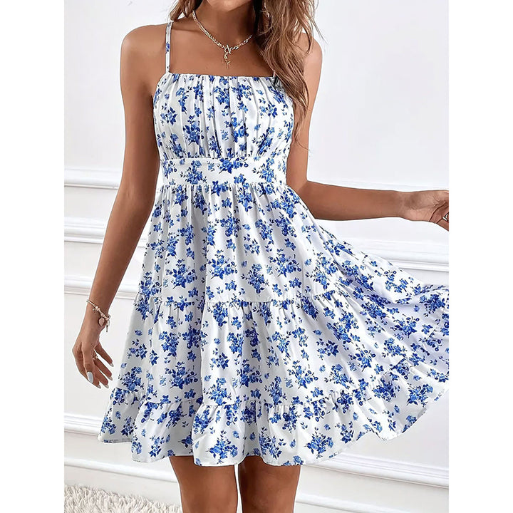 Womens Summer Floral Print Smocked Mini Dress Sleeveless Spaghetti Strap Slim Fit Flowy Dresses - ZEYTONCART