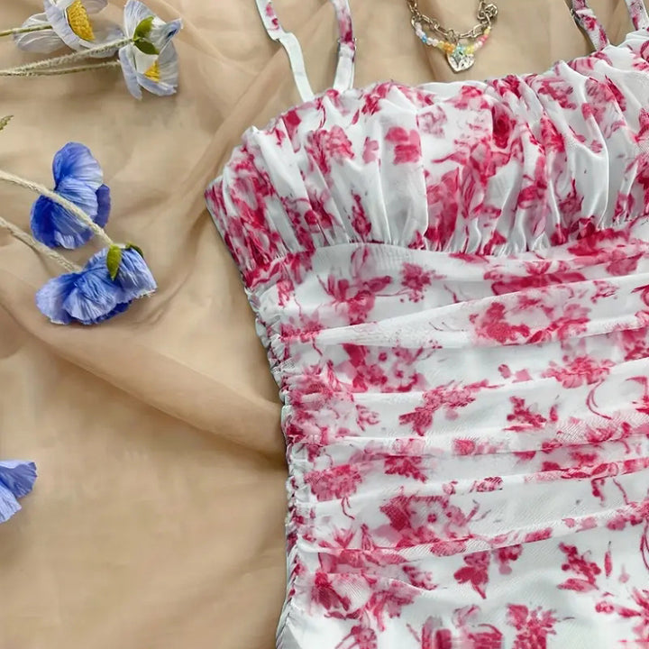 Women's Boho Floral Print Mini Dress Spaghetti Strap Ruched Ruffle Hem Vacation Sundresses - ZEYTONCART
