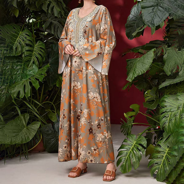 Women's Elegant Plus Size Floral Print Maxi Dress - Middle Eastern Bohemian Style Embroidery Long Dress - ZEYTONCART
