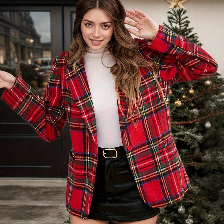 Autumn And Winter Christmas Red Plaid Long Sleeve Suit Coat - ZEYTONCART